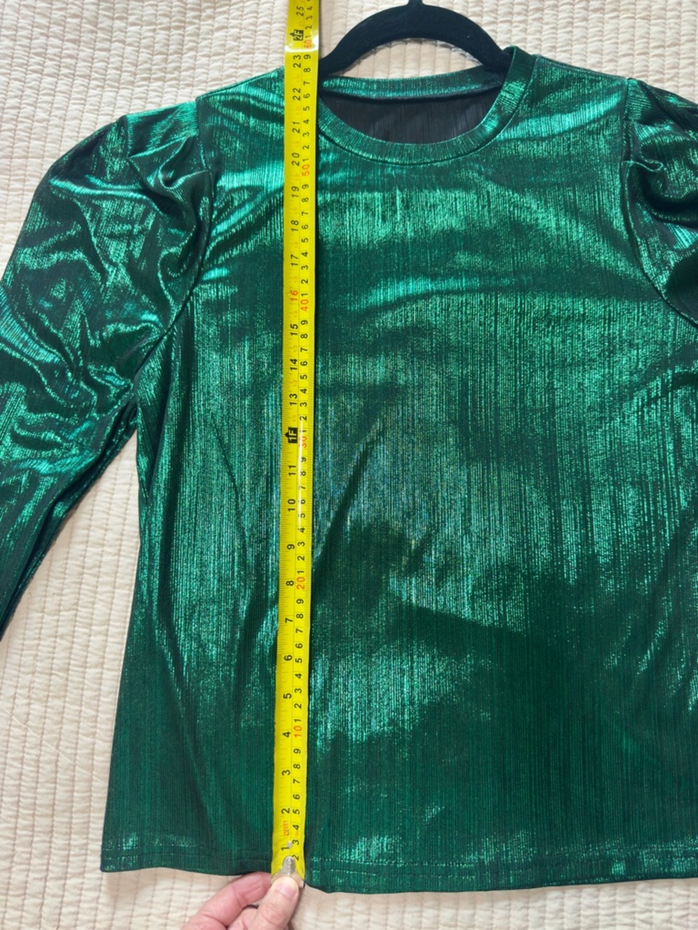 SHEIN Green Metallic Puff Shoulder Long Sleeve Top - Picture 6 of 8